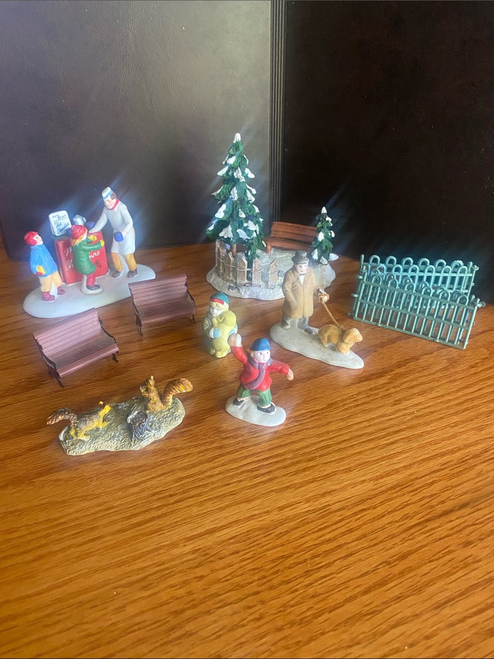 Lemax Holiday Village Park Figurine Set with Green Trees and Red Accents